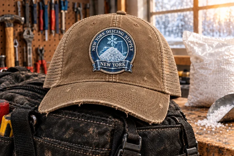 New York Deicing Supply trucker cap on a tool bag in a workshop