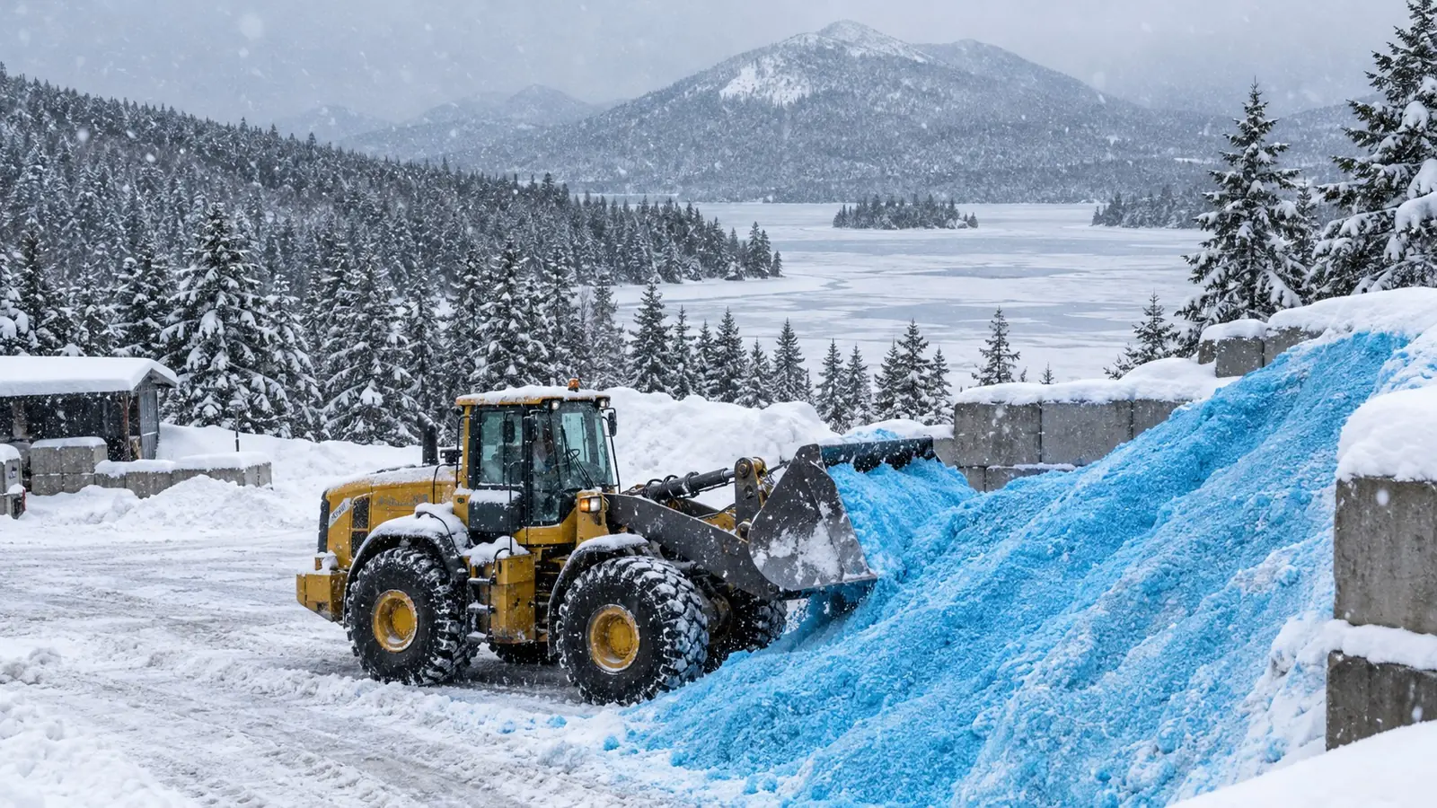 Loader pushing a large pile of blue treated salt beside a frozen river valley with snowy hills and pines